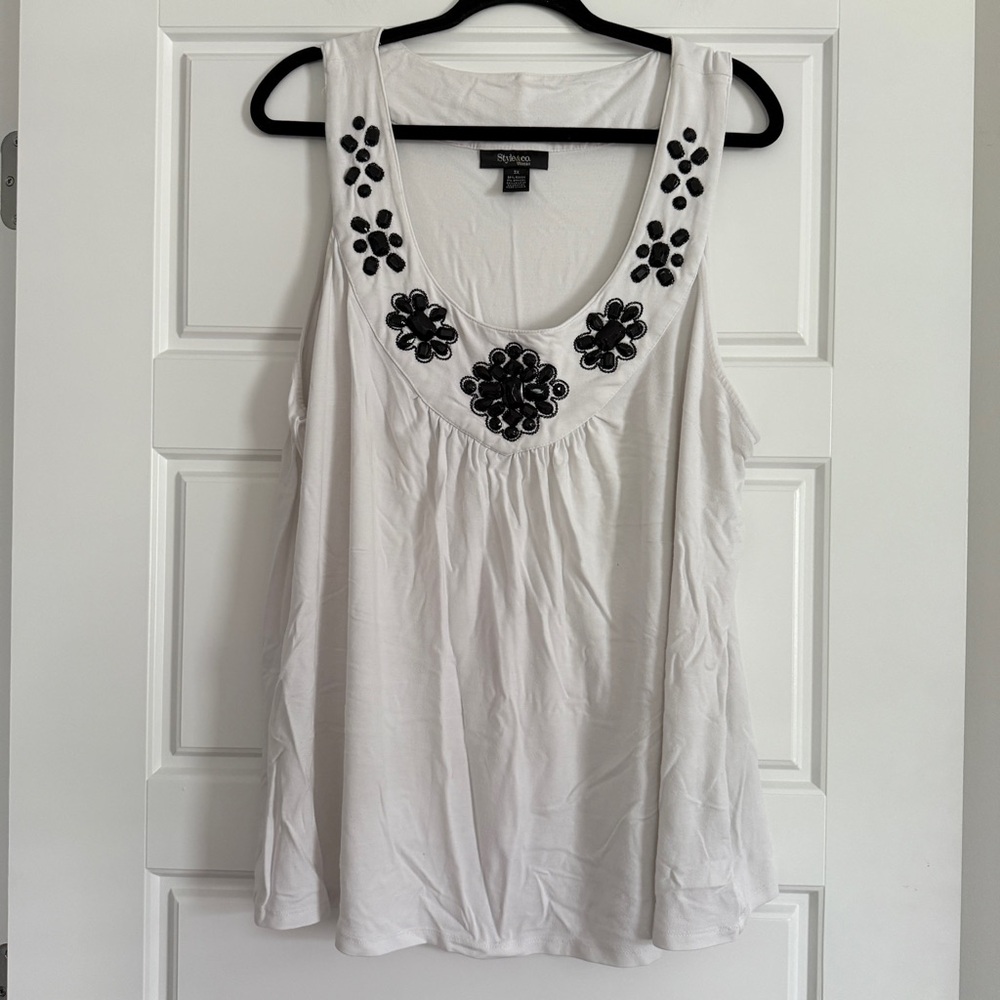 Style & Co. White Tank Top with Black Floral Design